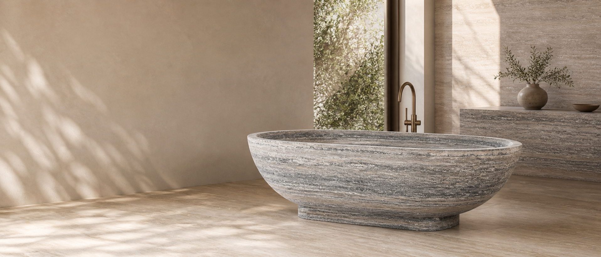 Silver travertine freestanding bathtub in a serene spa-style bathroom