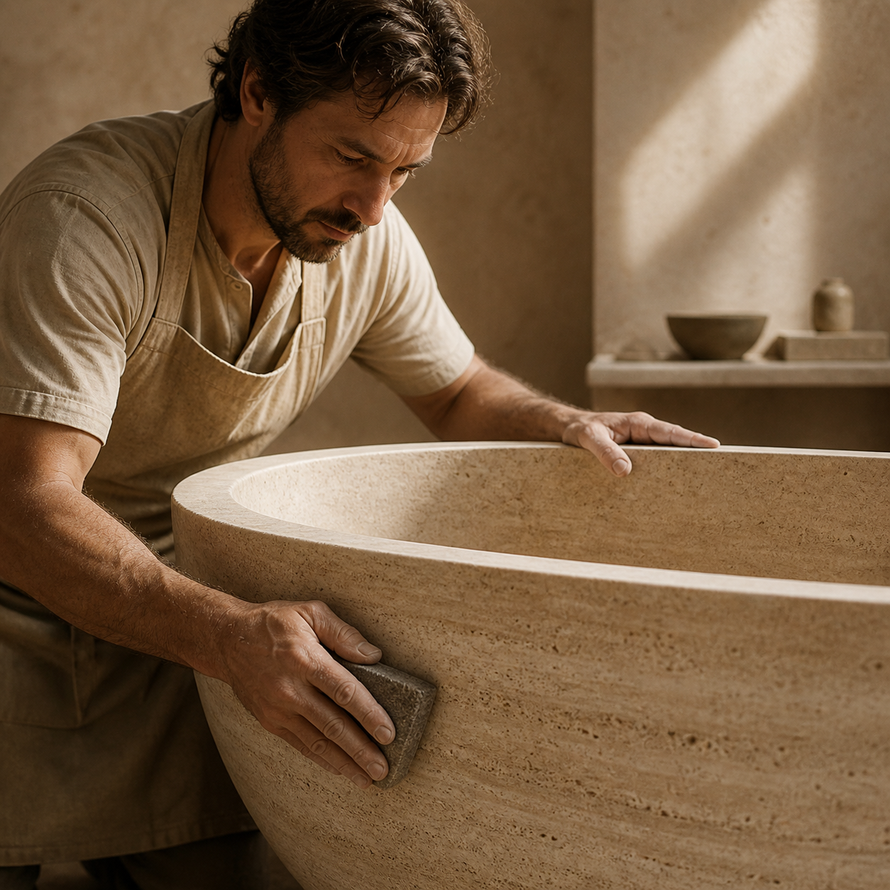 Craftsmanship process shaping a travertine bathtub with careful hand finishing