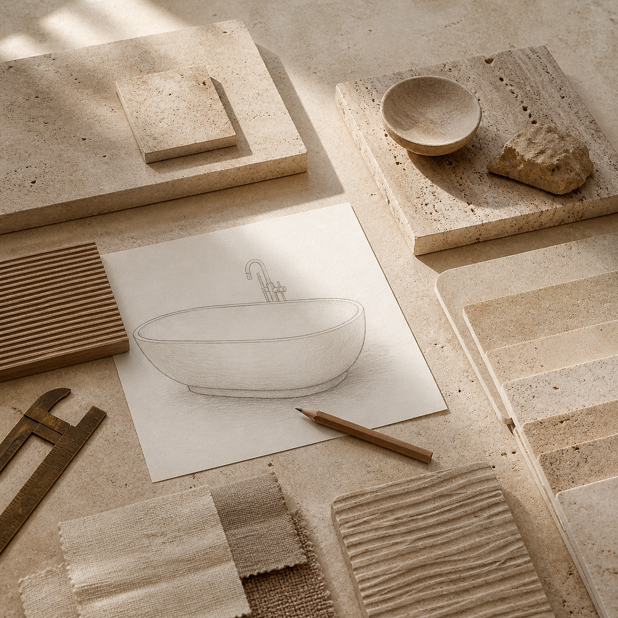 Travertine materials and finishes moodboard with stone samples and design sketches