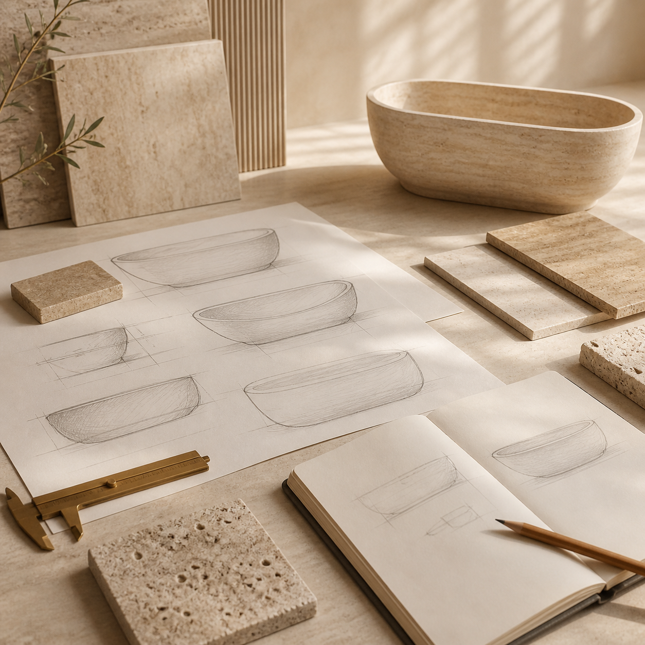 Custom travertine bath design sketches with stone samples and material study