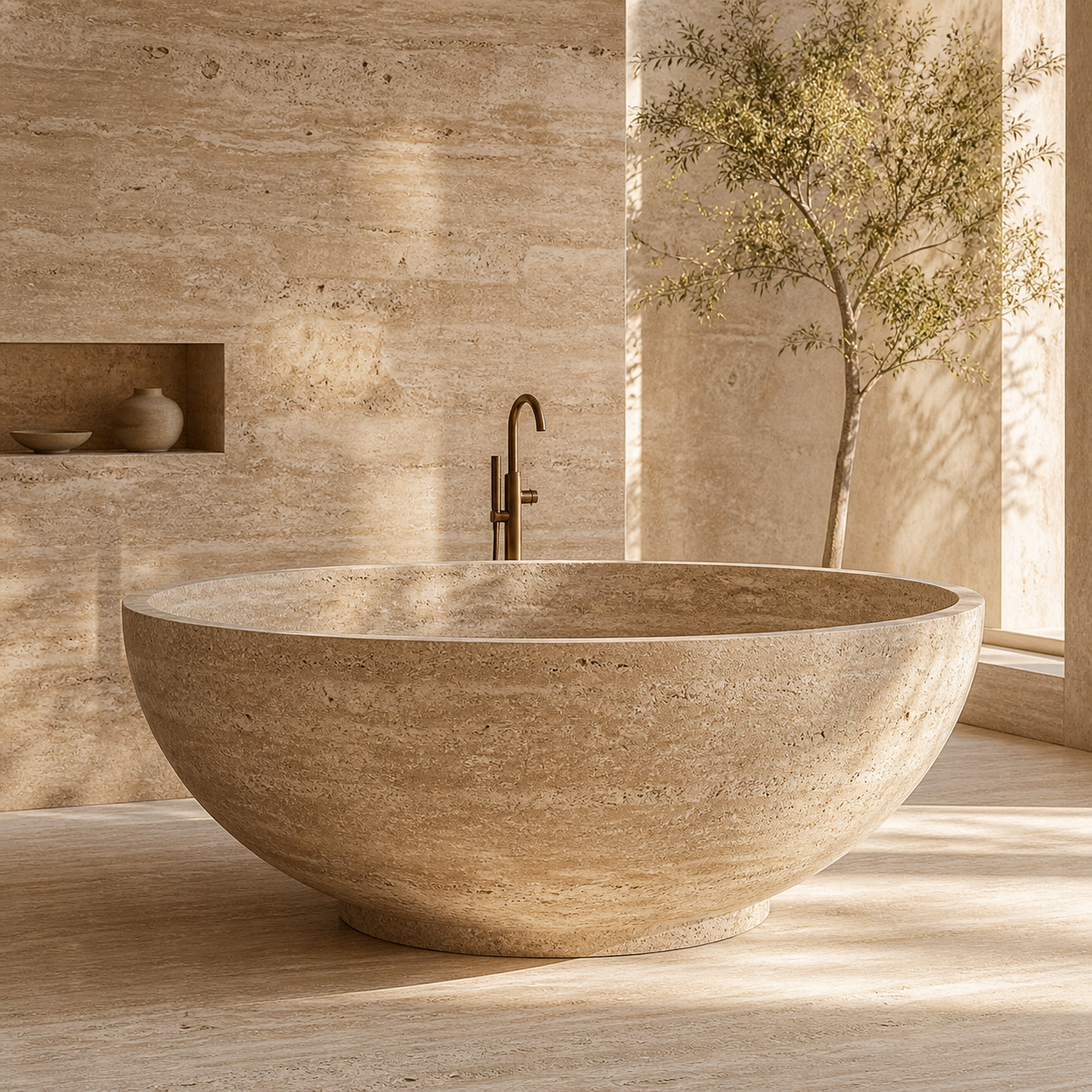Sculptural travertine bathtub in a warm architectural bathroom interior