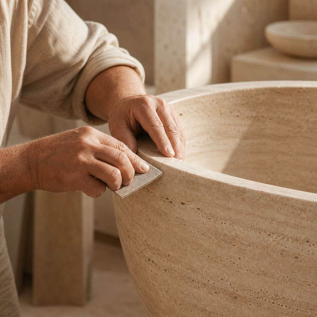 Solid travertine bathtub detail showing warm natural stone texture