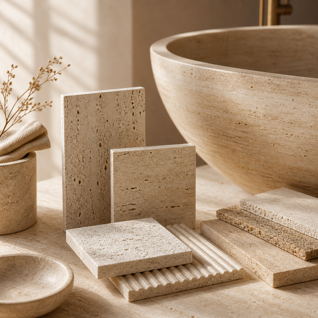 Travertine material textures and natural stone variation for bathtub design