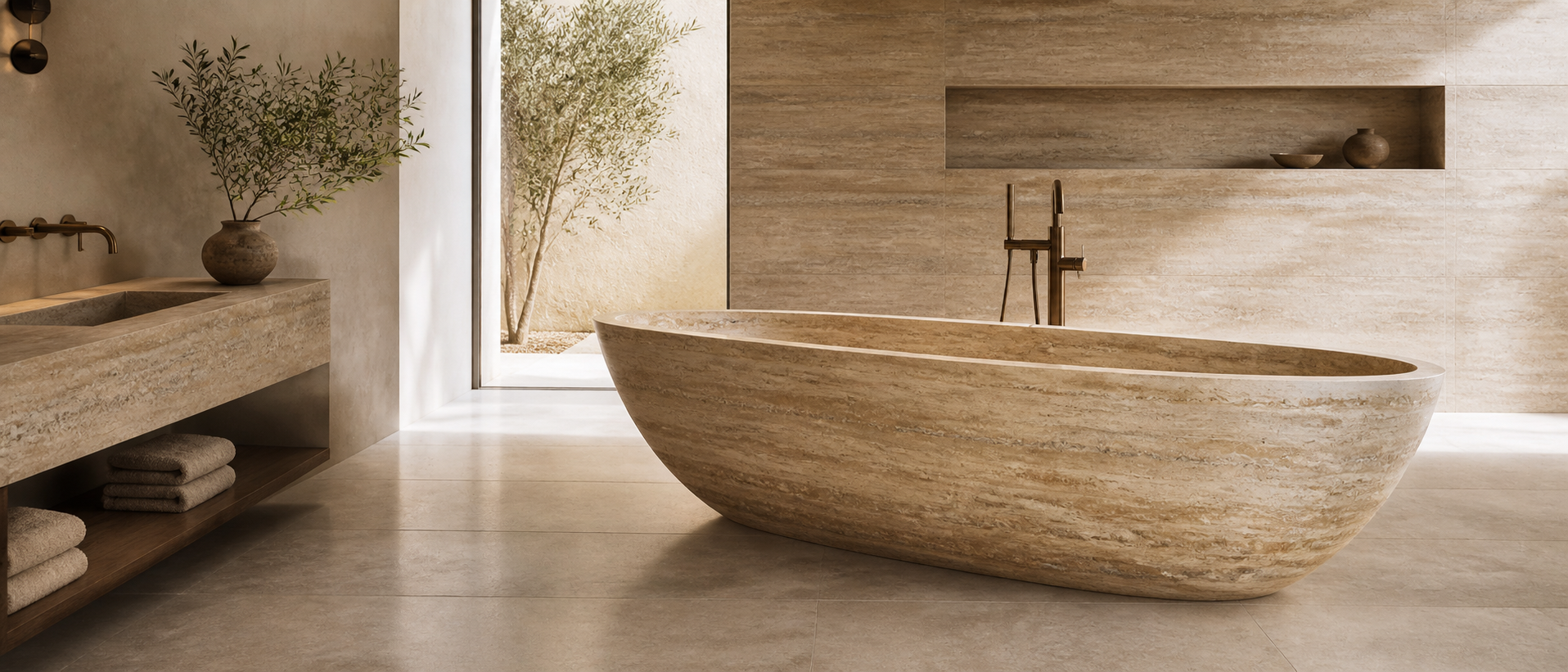 Warm travertine freestanding bathtub in a refined luxury bathroom retreat