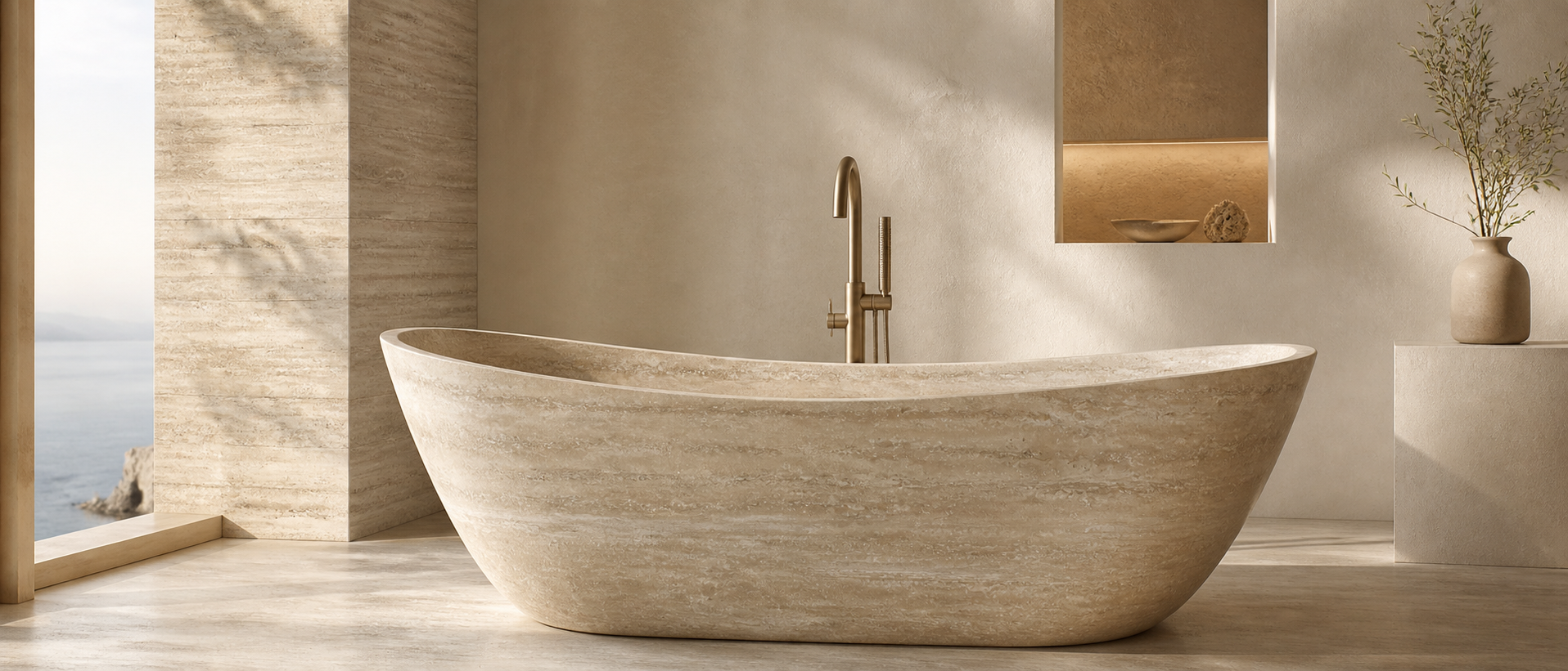 Light beige travertine bathtub in a softly lit minimalist bathroom