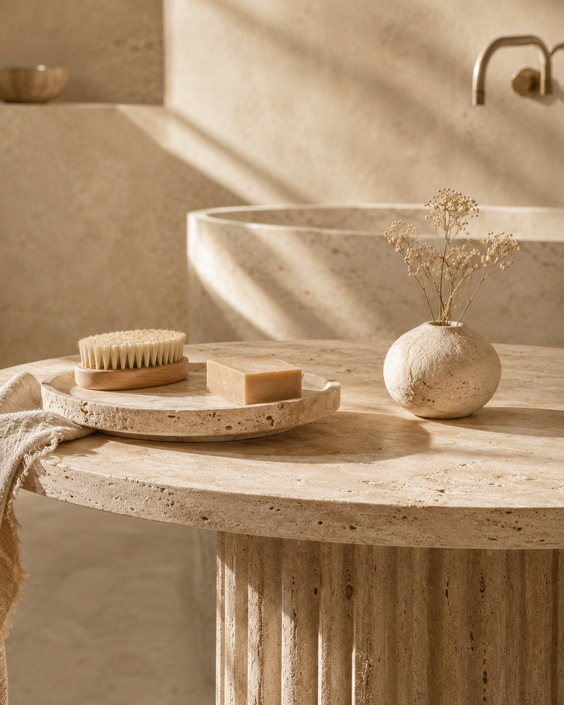 Travertine stone tabletop styled with a stone tray, soap, brush, and vase, showing a refined example of travertine care.