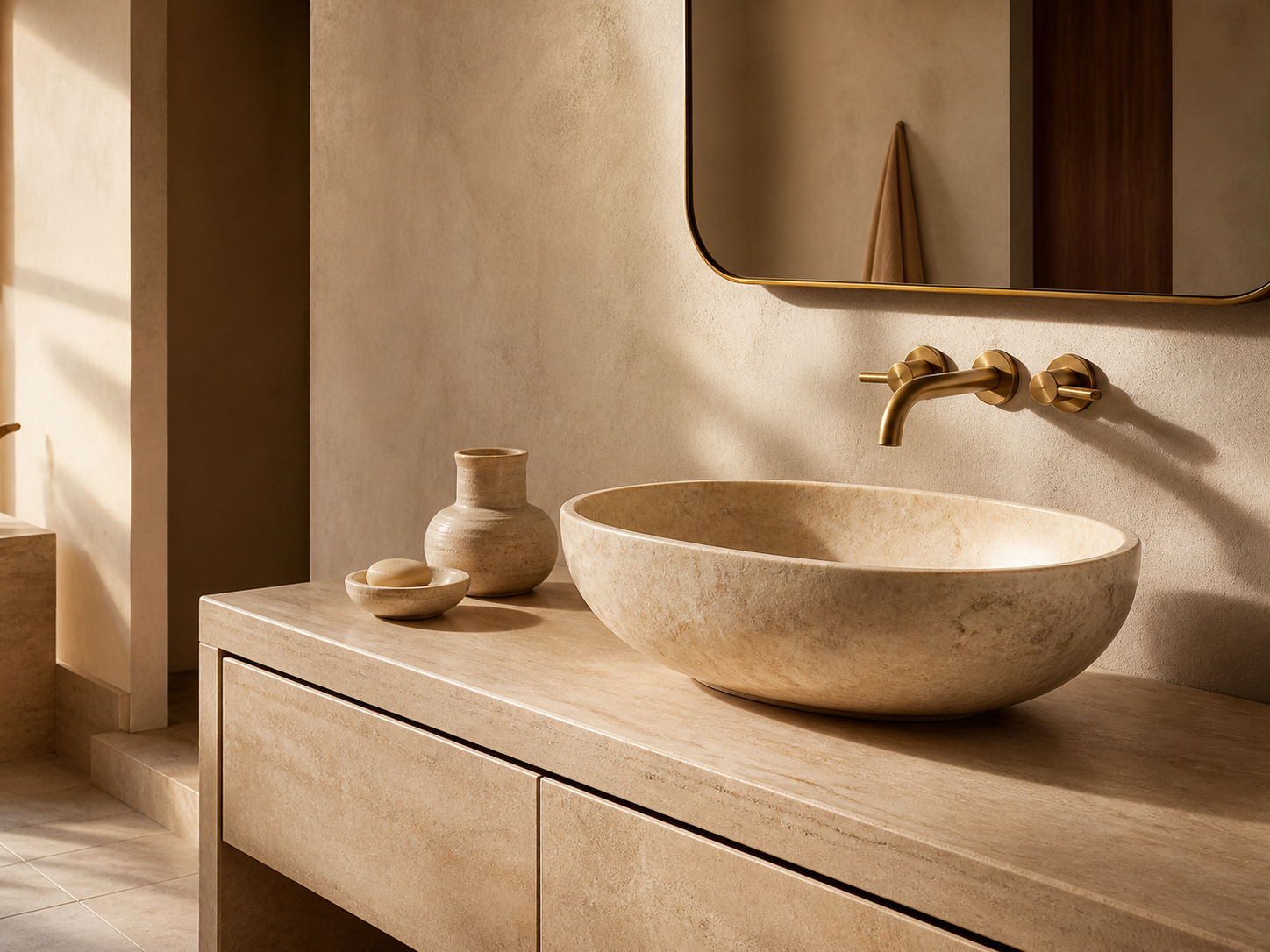 Oval travertine vessel sink with brass wall-mounted faucet in a warm luxury bathroom
