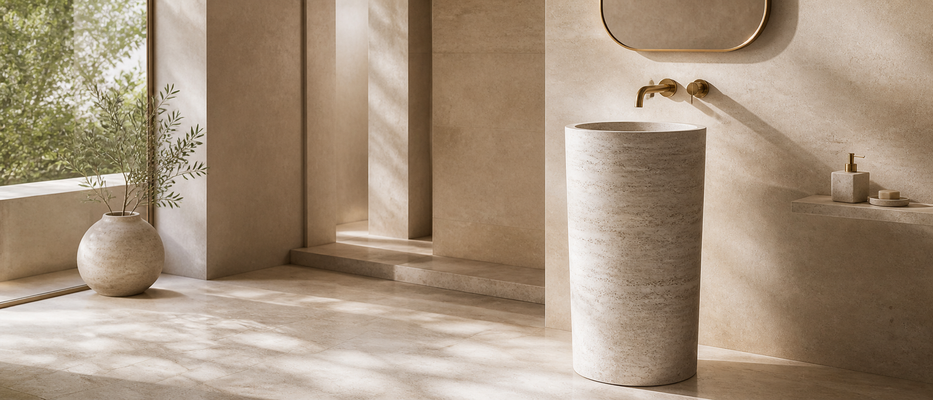 Freestanding travertine pedestal sink with brass wall-mounted faucet in a warm minimalist bathroom