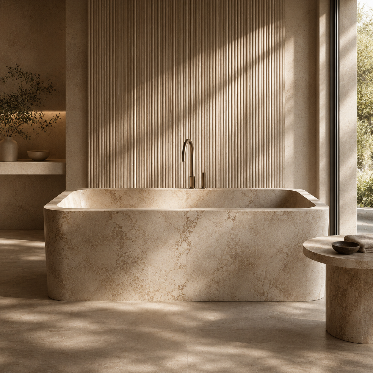 Freestanding travertine stone bathtub in a warm luxury bathroom with soft natural light.