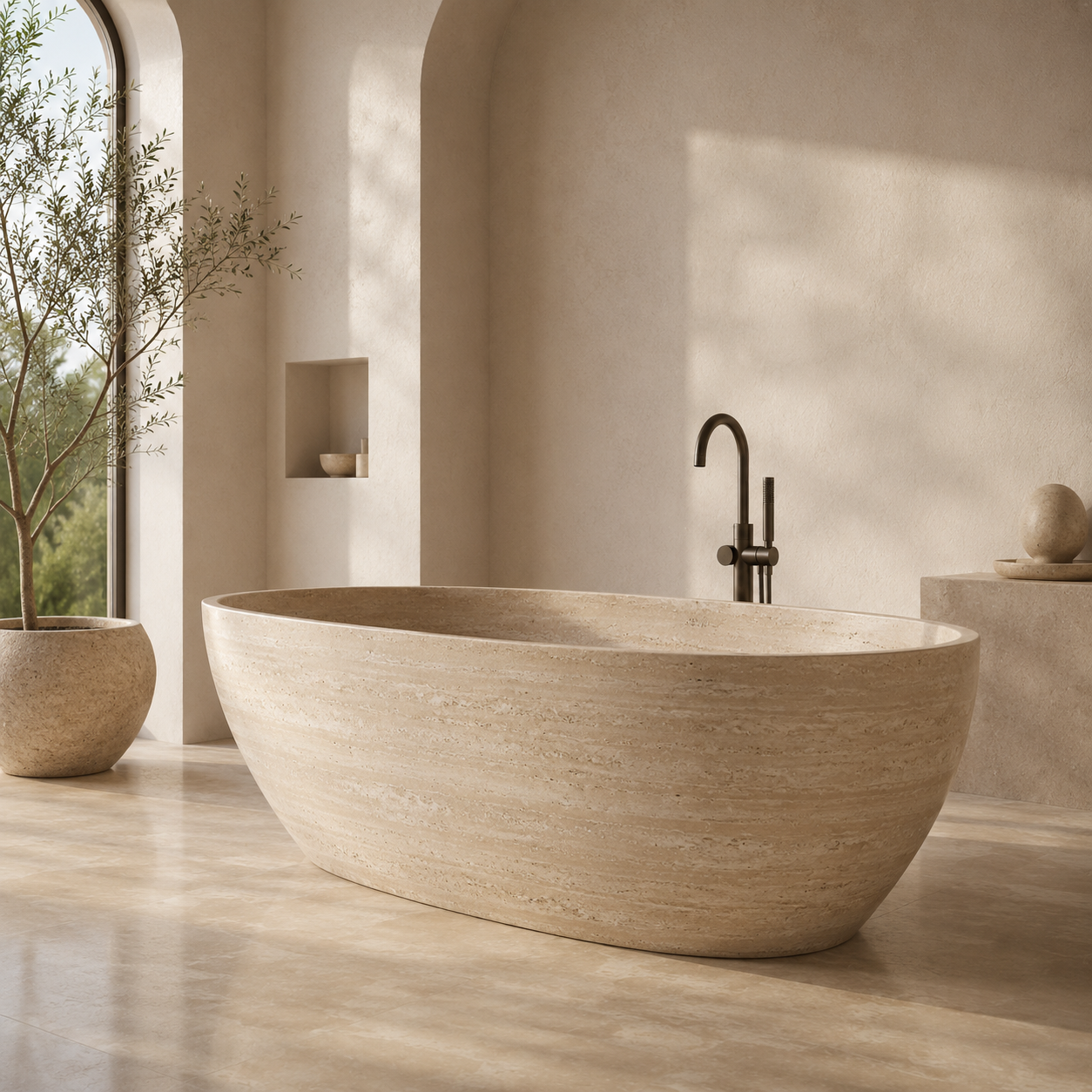 Freestanding travertine stone bathtub in a calm spa-like luxury bathroom.