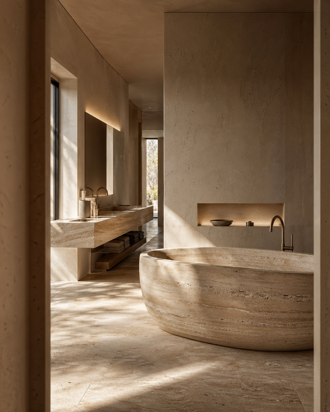 Luxury travertine stone bathroom with freestanding bathtub and integrated stone vanity in a high-end residential or hospitality project by OIXDESIGN