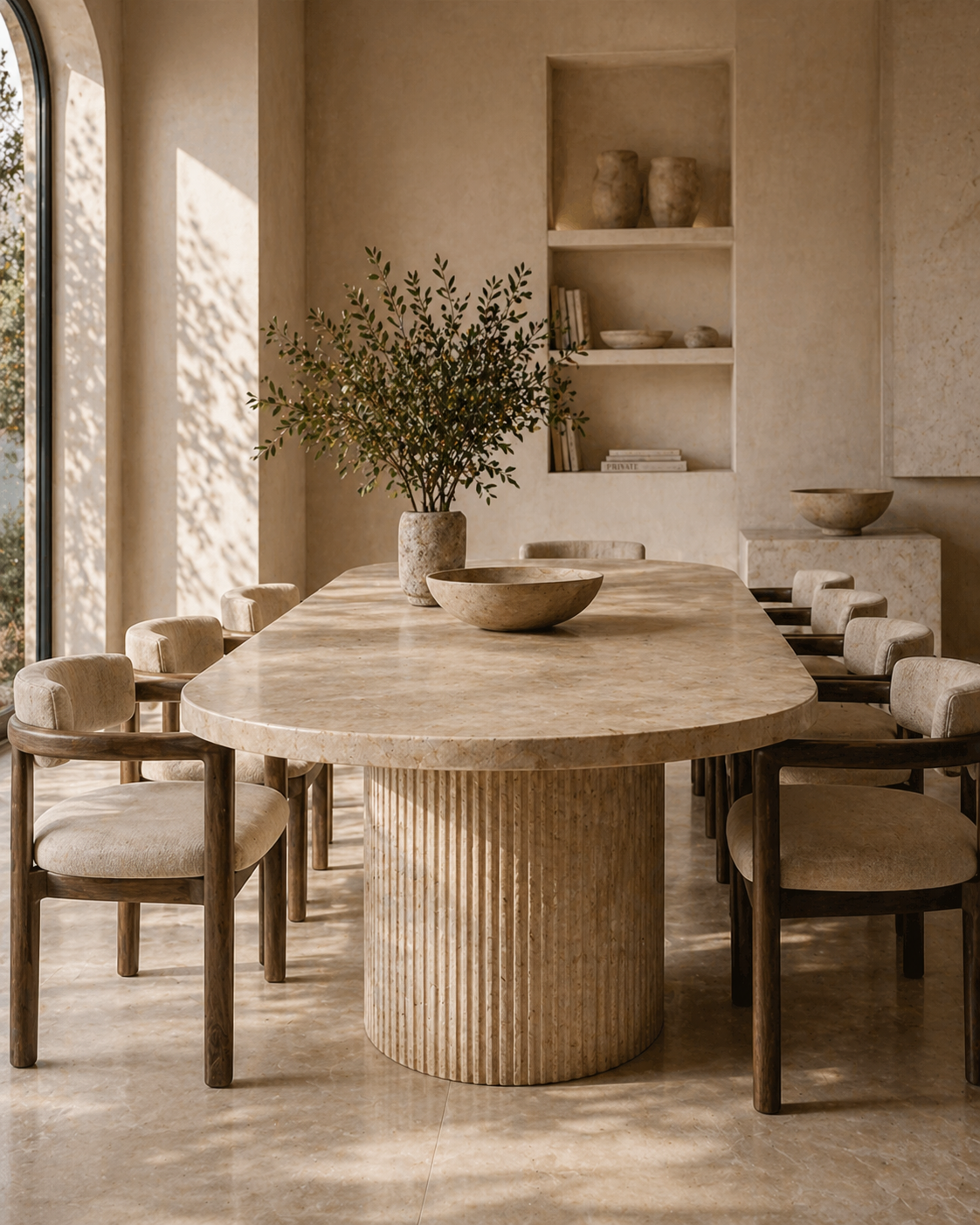 Travertine stone dining table in a warm luxury interior with natural stone furniture design