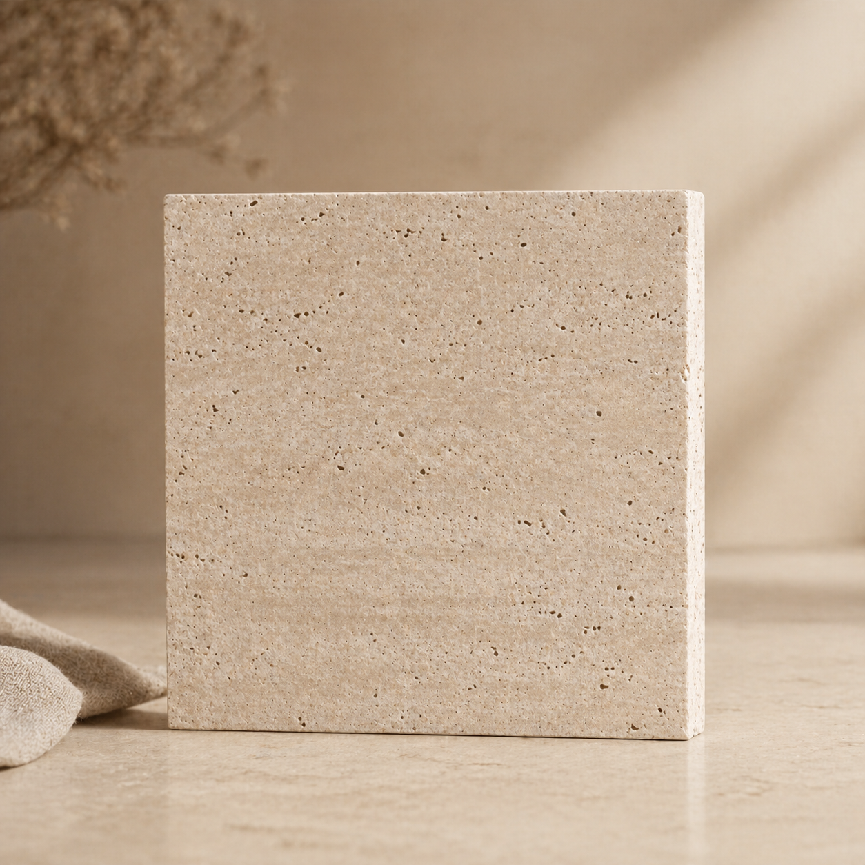 Beige travertine stone sample showing natural pores and honed texture