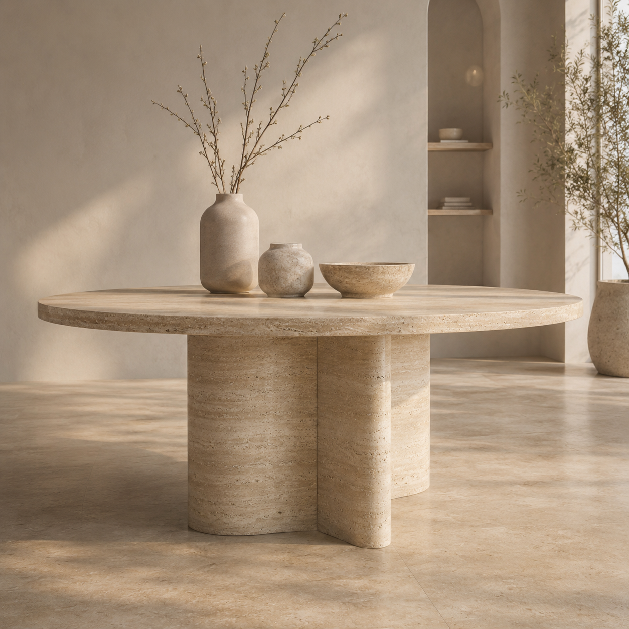 Travertine stone table in a warm modern interior, showcasing OIXDESIGN sculptural natural stone tables.