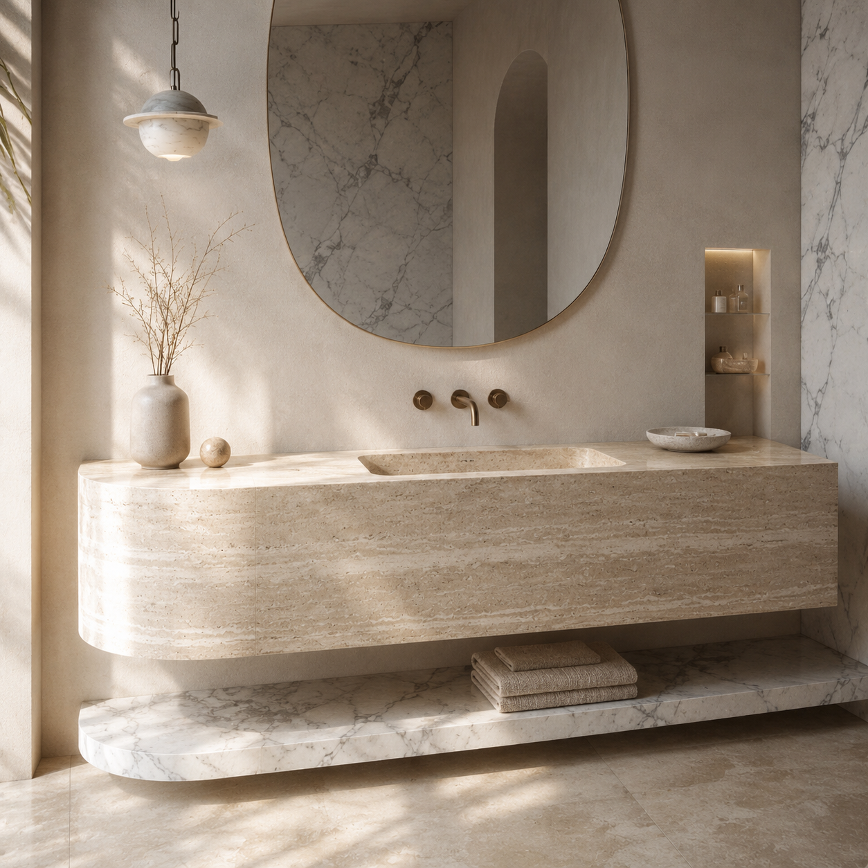 Travertine stone vanity with integrated sink in a warm refined bathroom setting.
