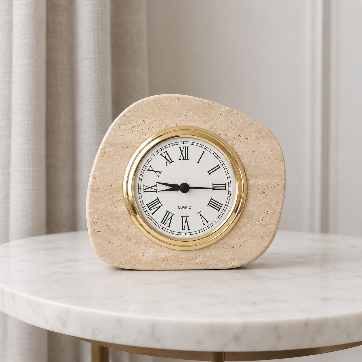OIXDESIGN travertine stone desk clock with gold bezel and traditional Roman numeral dial