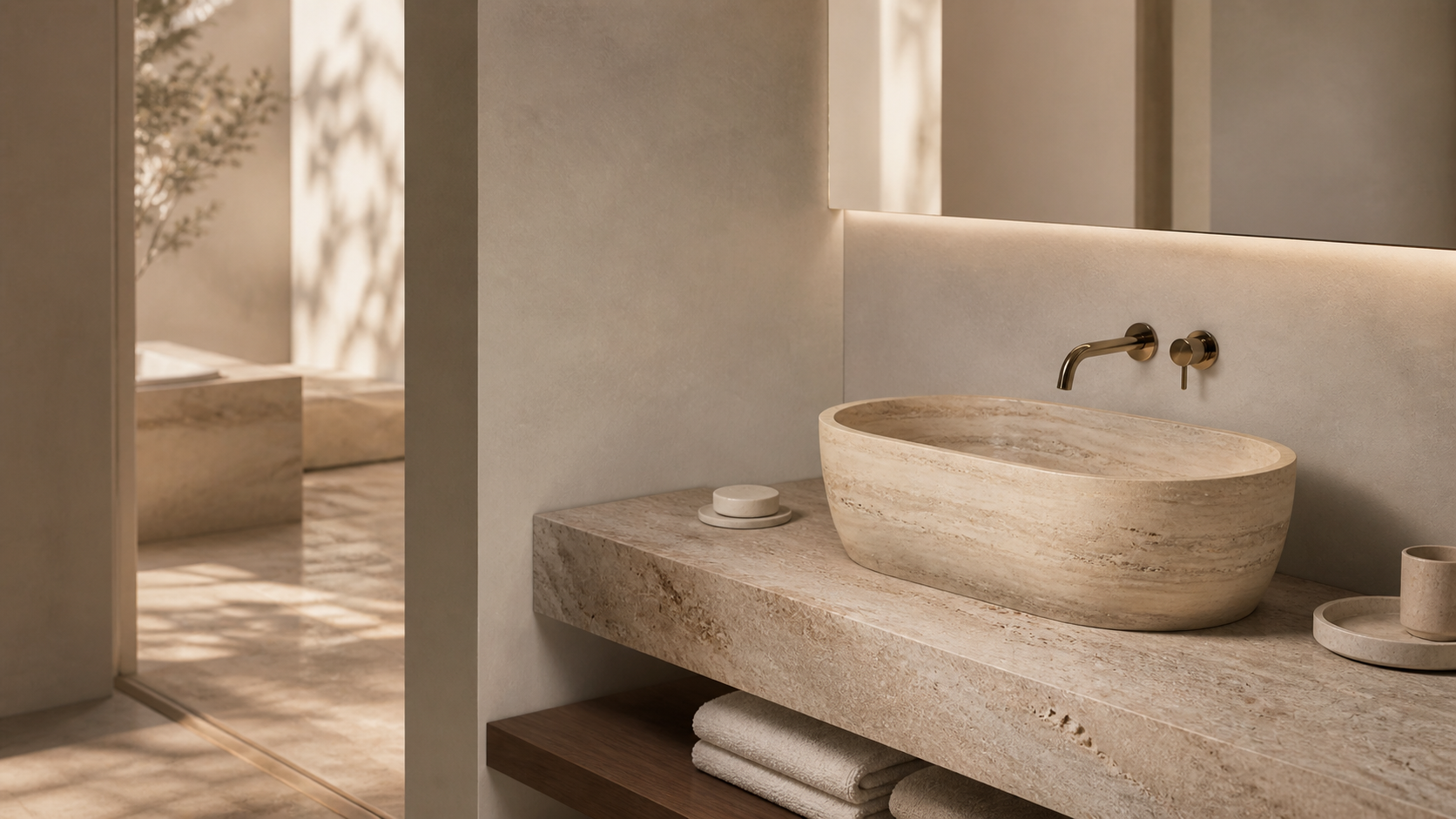 Travertine vessel sink on a natural stone vanity in a refined residential bathroom
