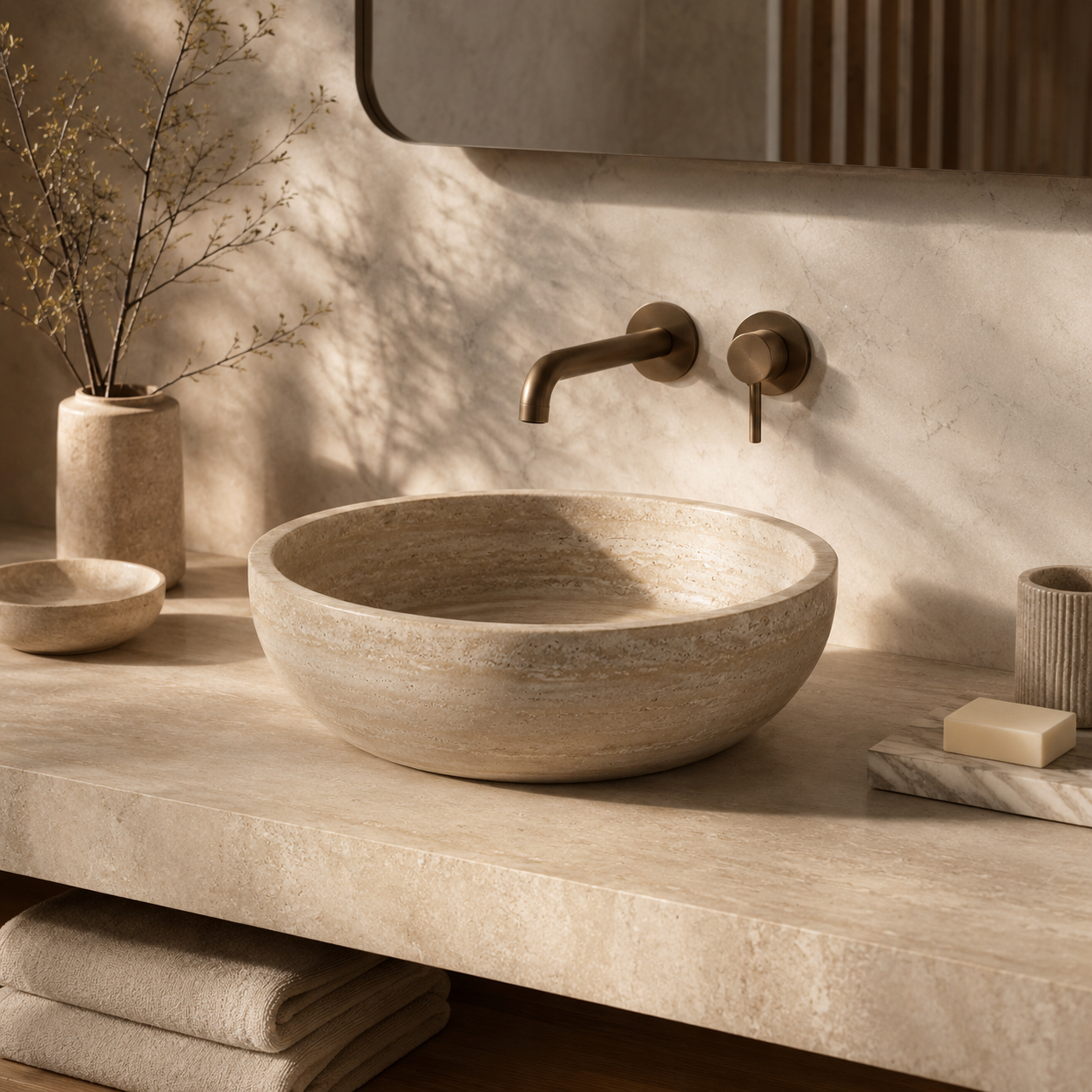 Travertine vessel stone sink in a refined bathroom with warm light and natural stone texture.