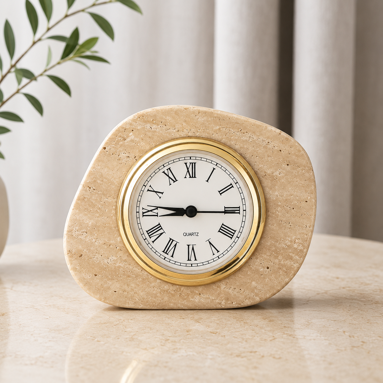 OIXDESIGN travertine stone desk clock with gold bezel and traditional Roman numeral dial