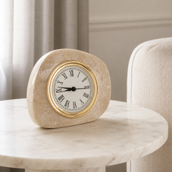 Beige travertine tabletop clock in side view with polished gold clock frame