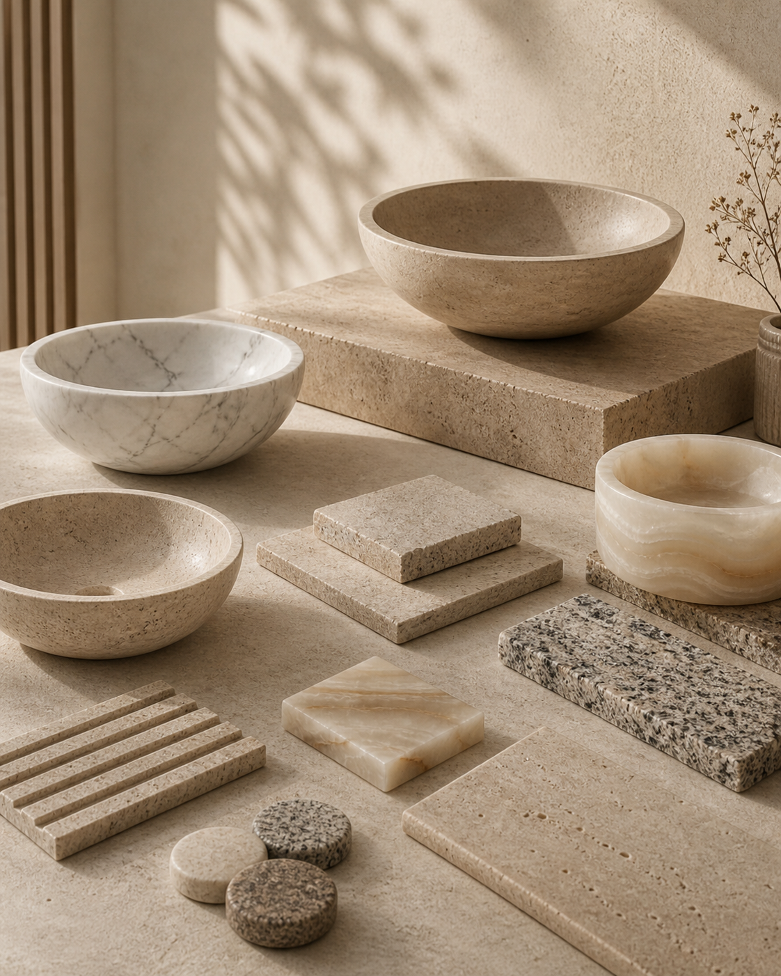 Natural stone vessel sinks and material samples including travertine, marble, onyx, and granite