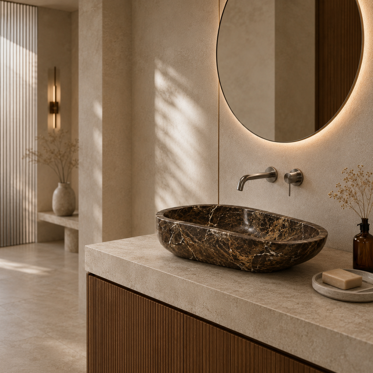 Natural stone vessel sink in a minimalist vanity scene, showing the unique veining, tone, and character of real stone.