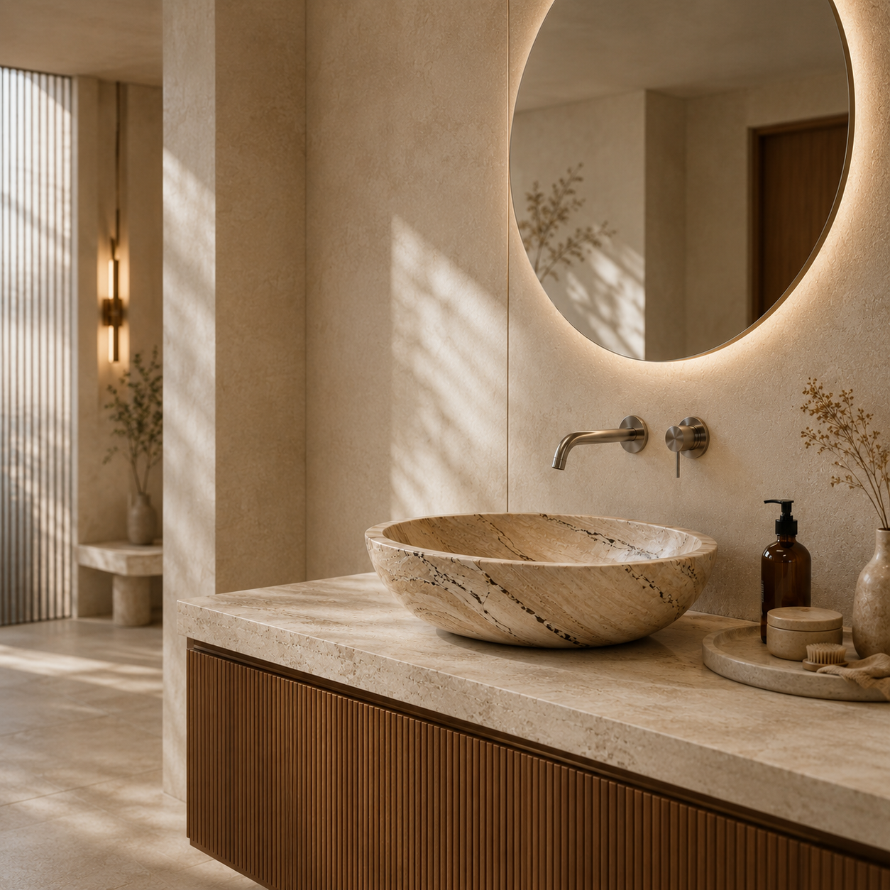 Natural stone vessel sink styled in a serene spa-like bathroom, ideal for refined powder rooms, guest baths, and hospitality interiors.