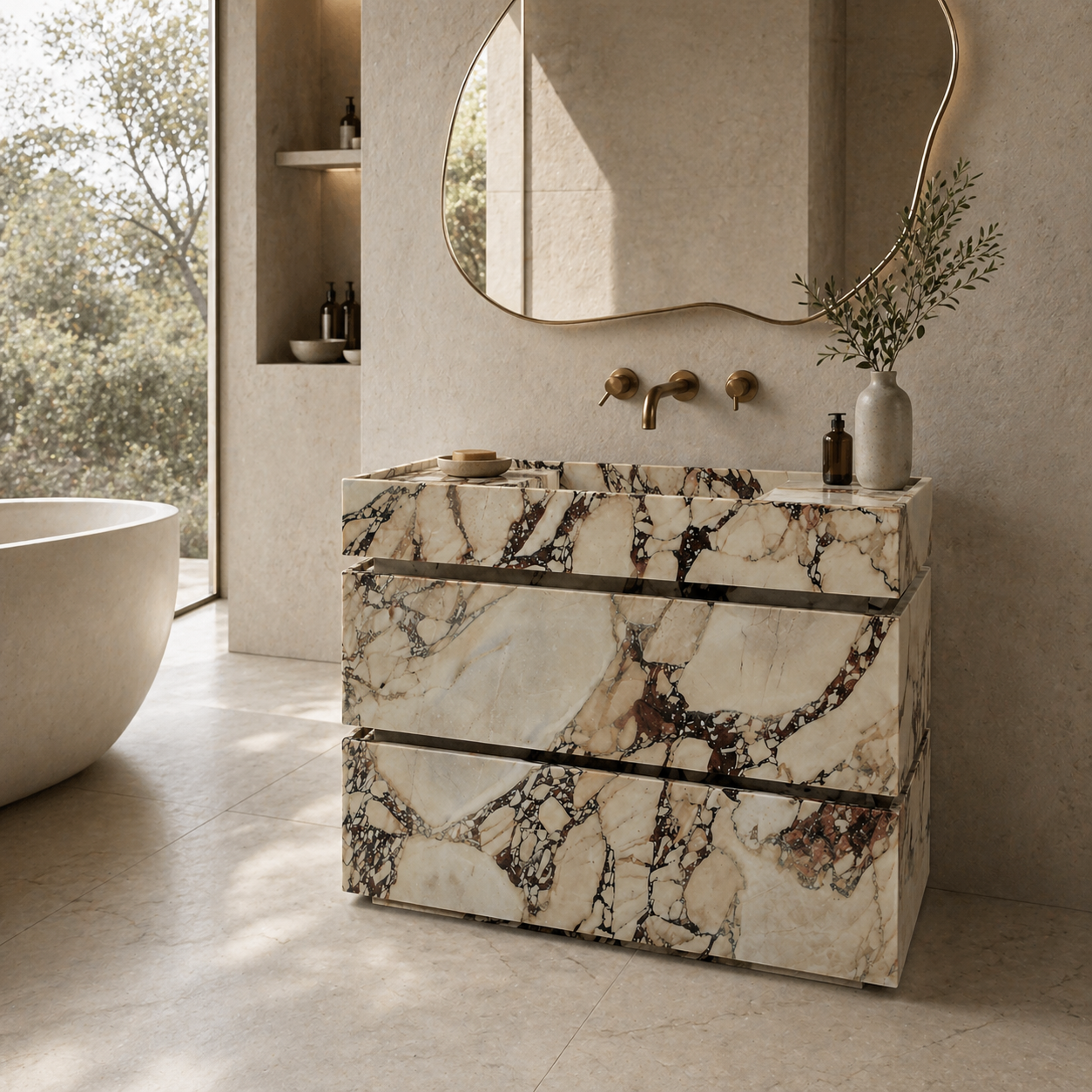 OIXDESIGN solid stone vanity with integrated sink and drawers in a luxury bathroom