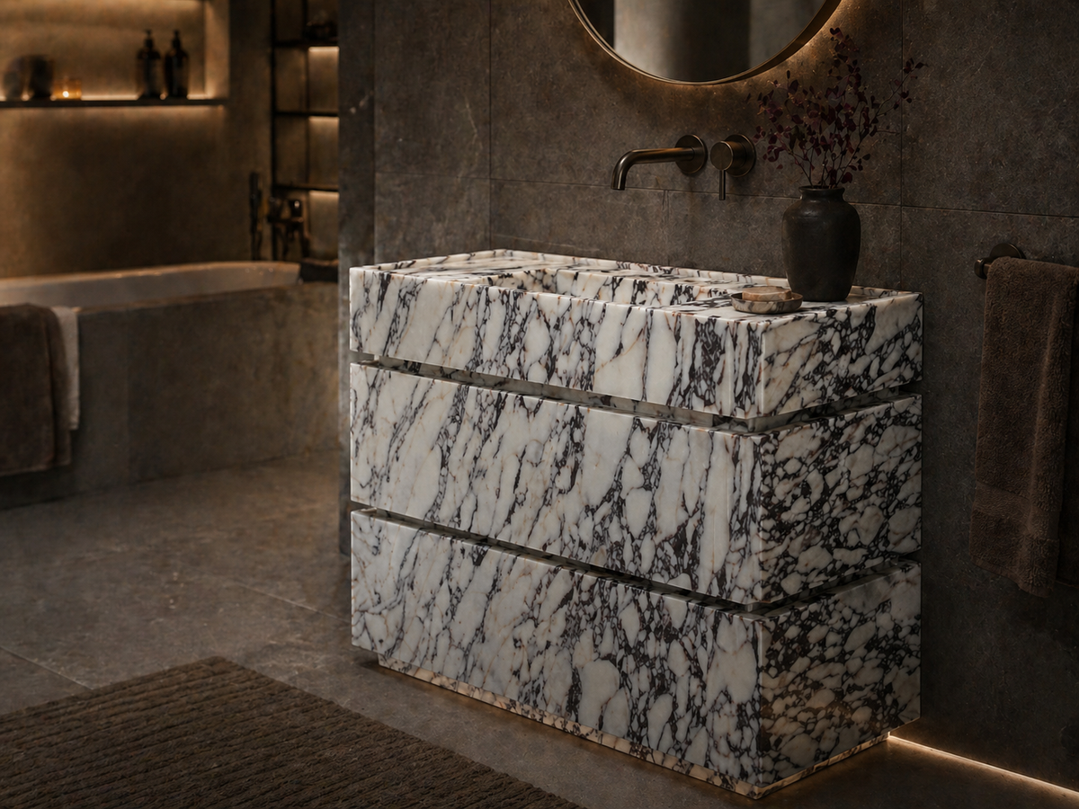 Viola 90 natural Calacatta Viola marble vanity with integrated sink and stacked drawer design – OIXDESIGN