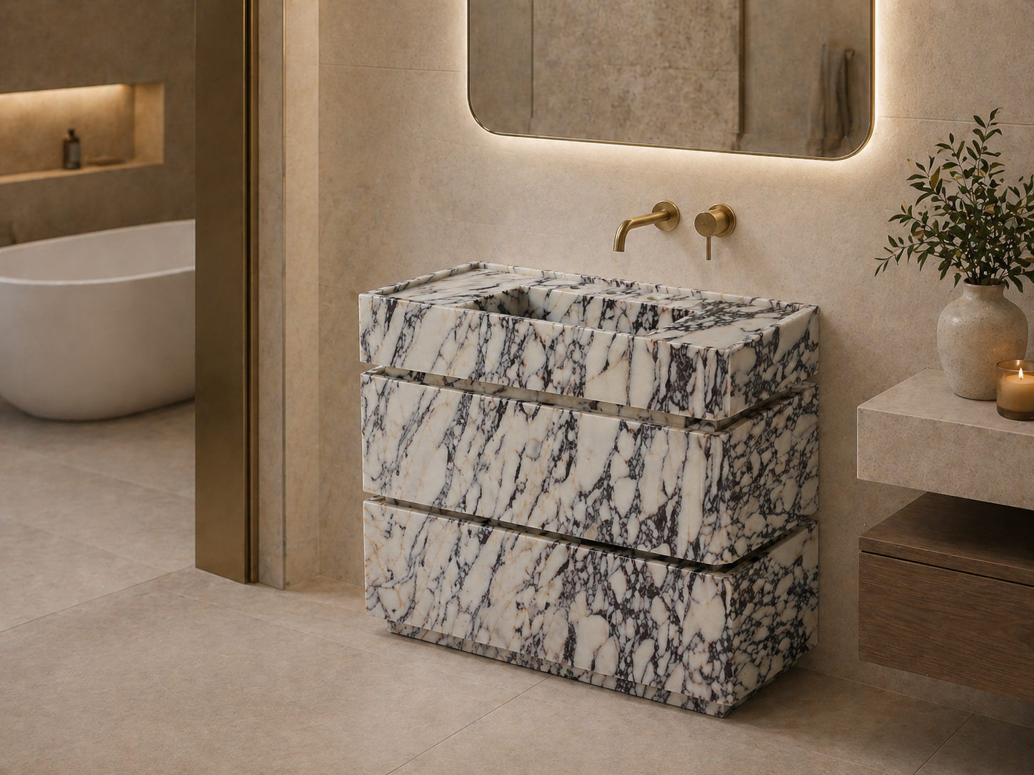 Solid Calacatta Viola marble vanity with integrated sink and drawers in a luxury bathroom by OIXDESIGN