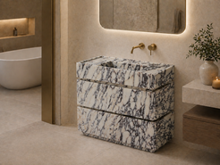 Solid Calacatta Viola marble vanity with integrated sink and drawers in a luxury bathroom by OIXDESIGN