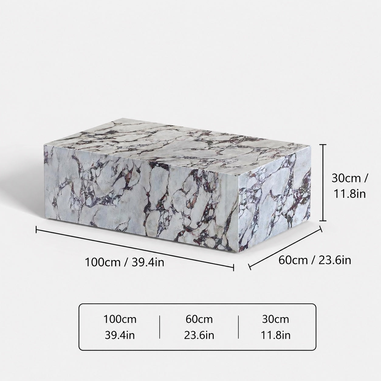 OIXDESIGN ViolaPlinth rectangular Calacatta Viola marble coffee table size and dimensions in cm and inches