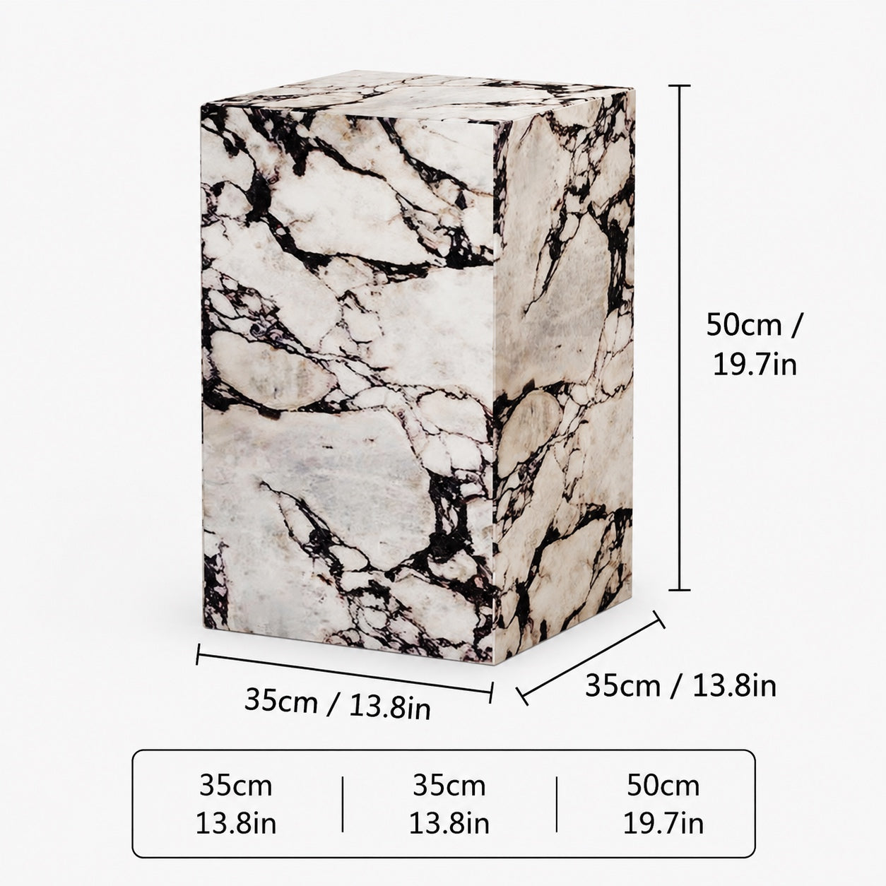 OIXDESIGN ViolaPlinth Rectangular Calacatta Viola Marble Side Table size and dimensions in cm and inches