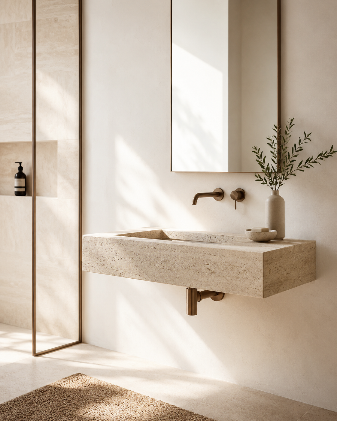 Light travertine wall-mounted stone sink in a bright minimalist bathroom with warm natural light by OIXDESIGN.