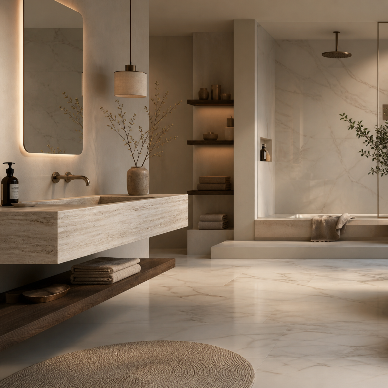 Warm luxury bathroom featuring a floating stone wall-mounted sink and refined bath design