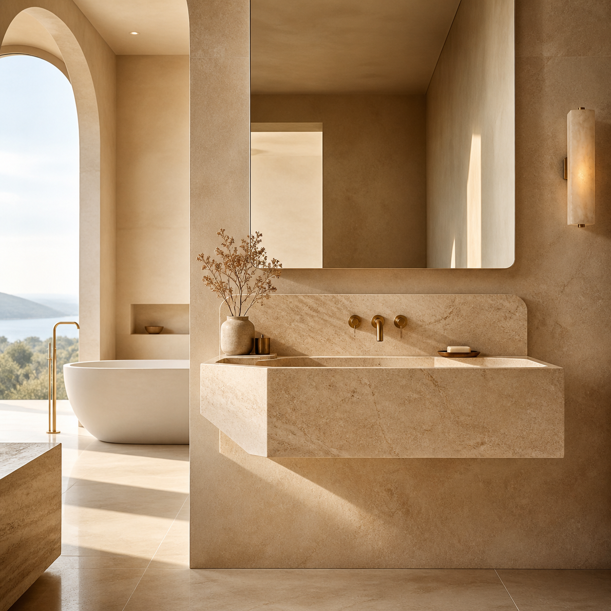 Custom bath project workspace with wall-mounted stone sink, material samples, and design sketches