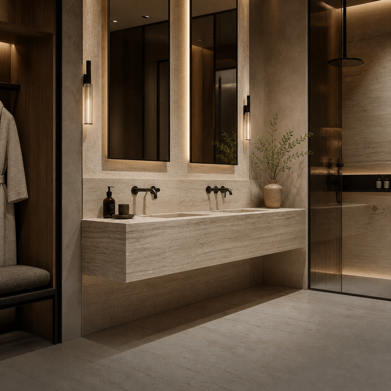 Boutique hospitality bathroom with double wall-mounted stone sinks and warm architectural lighting