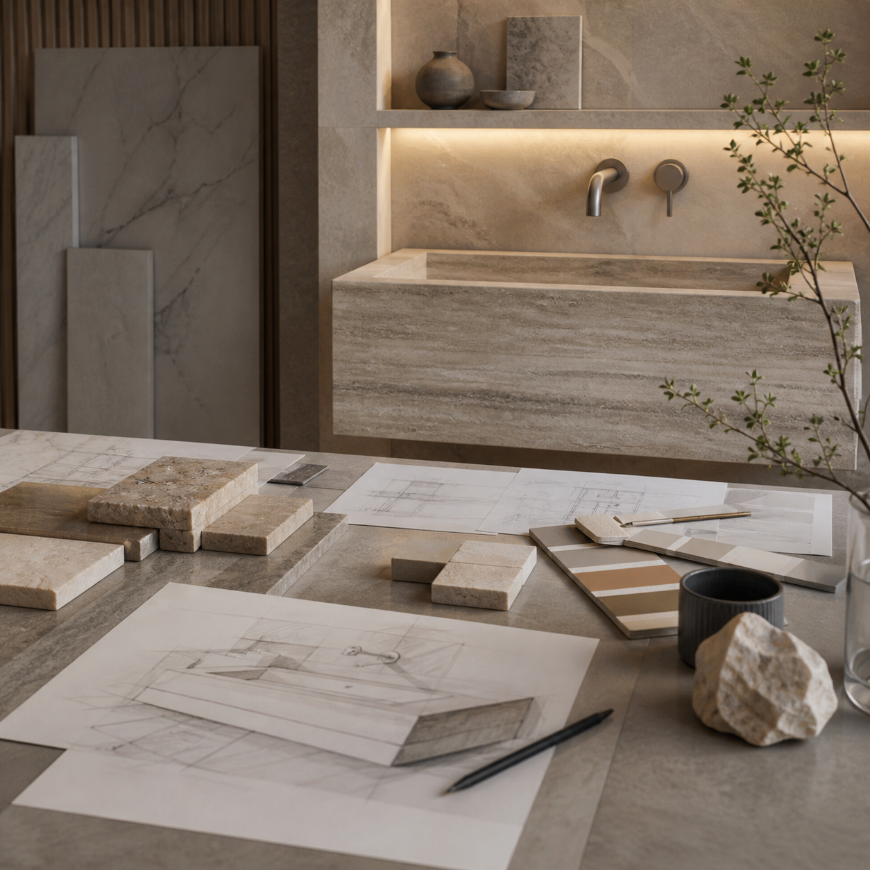 Wall-mounted stone sink project planning scene with sketches, samples, and measuring tools