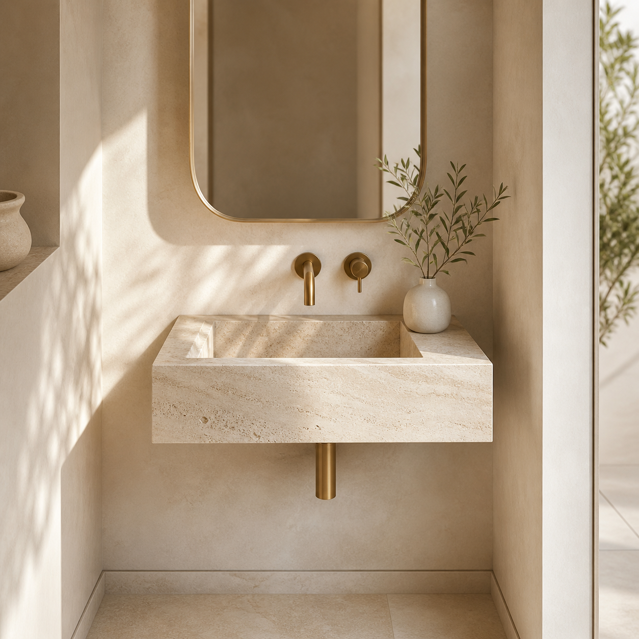Compact powder room with a small wall-mounted stone sink and brass faucet