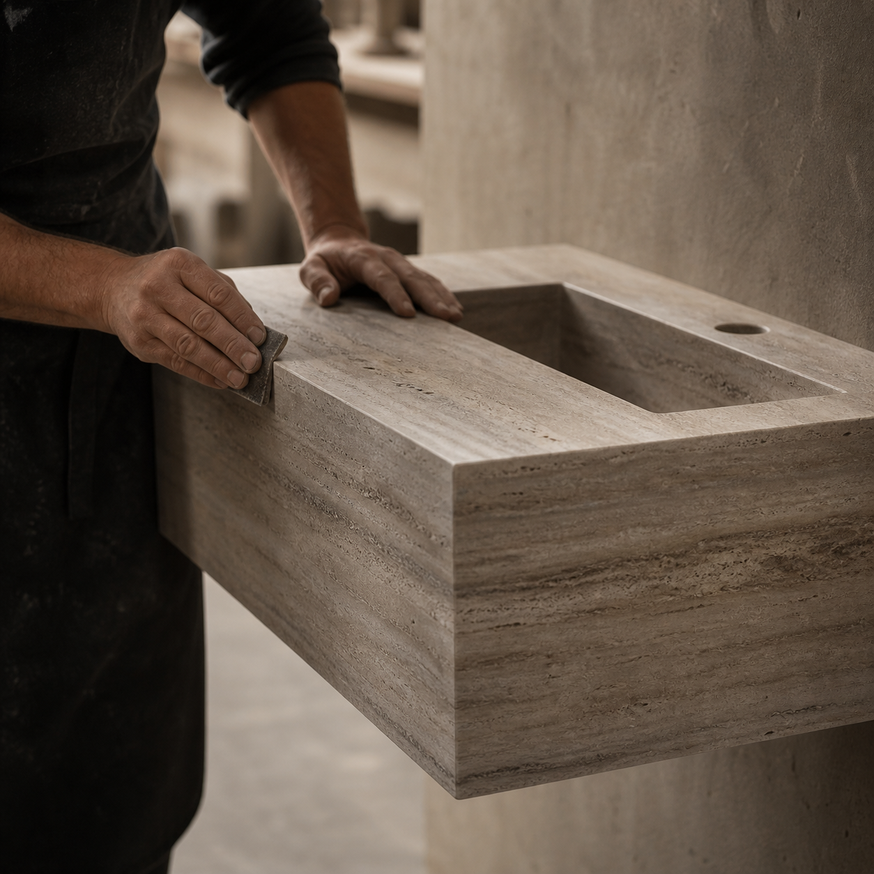 Craftsman hand finishing the edge of a natural stone wall-mounted sink