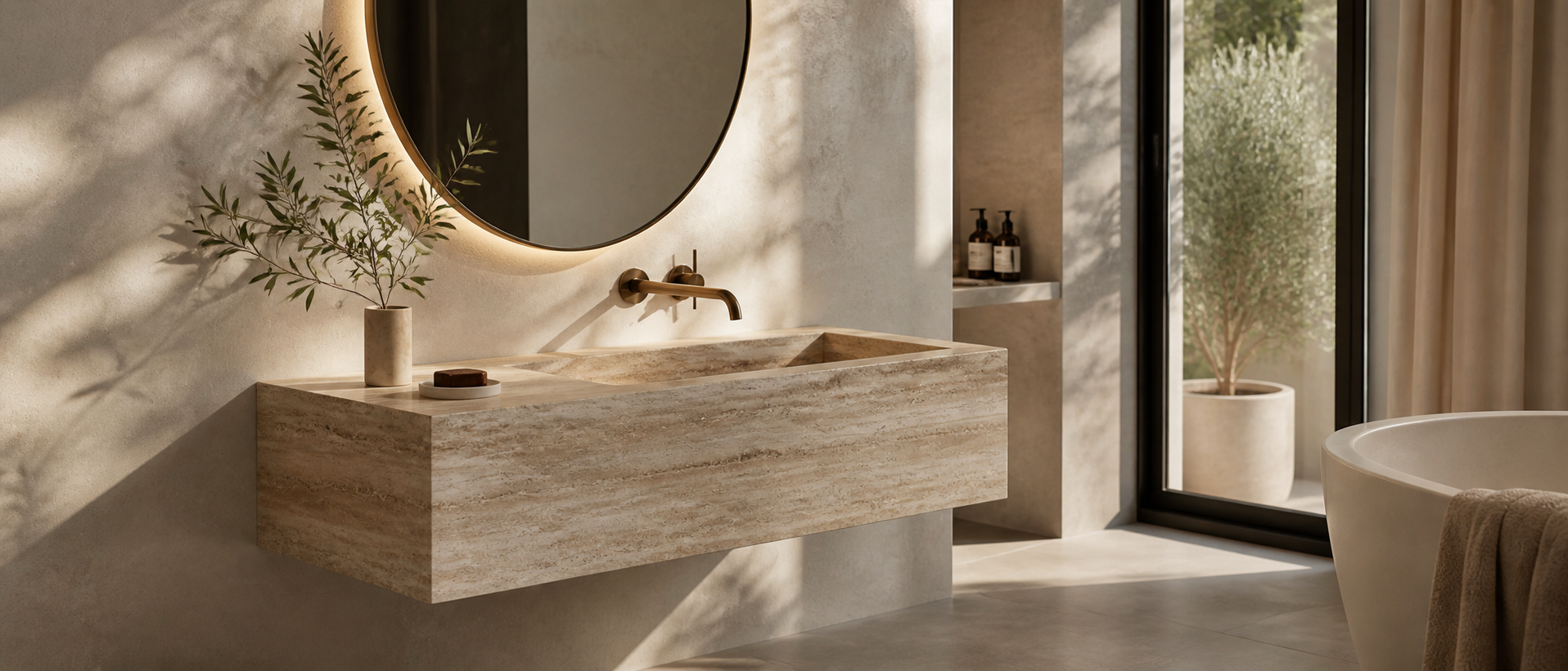 Floating travertine wall-mounted sink with integrated basin in a refined warm bathroom