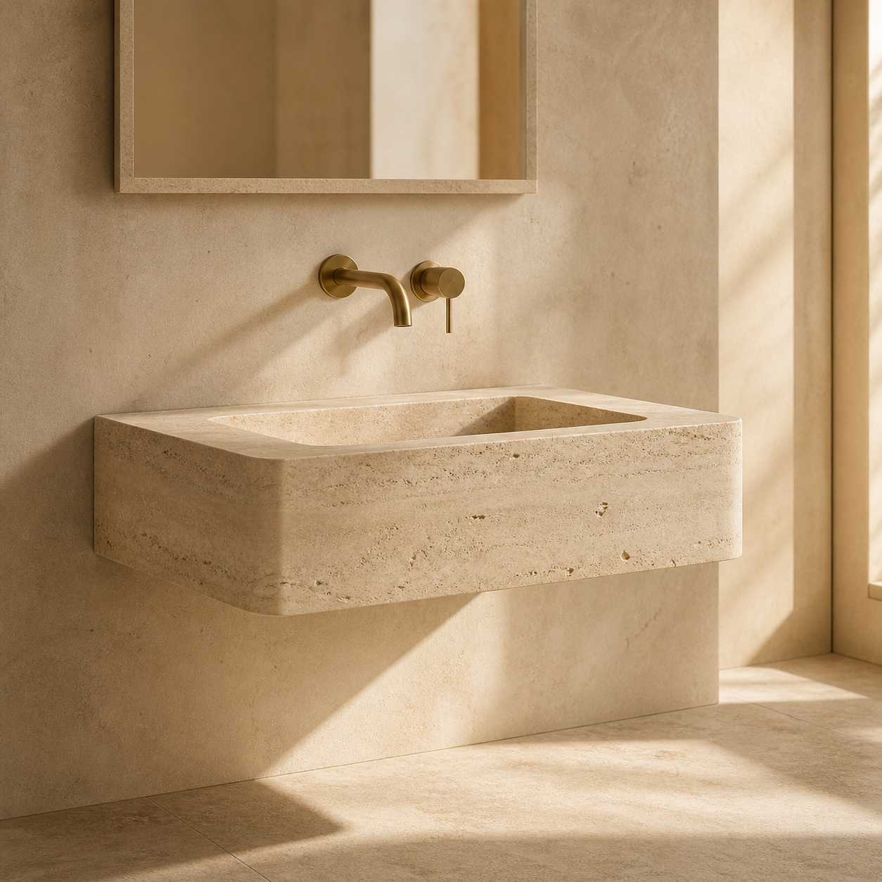 Floating wall-mounted travertine sink showing a lighter suspended bathroom design