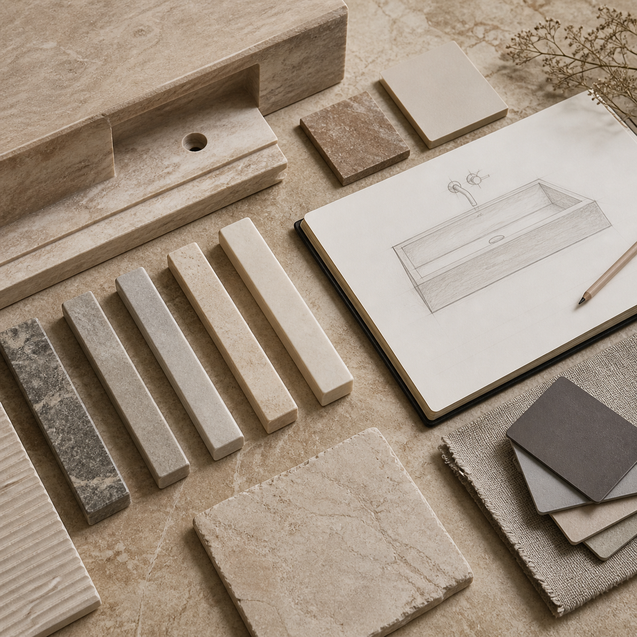 Natural stone samples and wall-mounted sink design sketch for material and finish selection