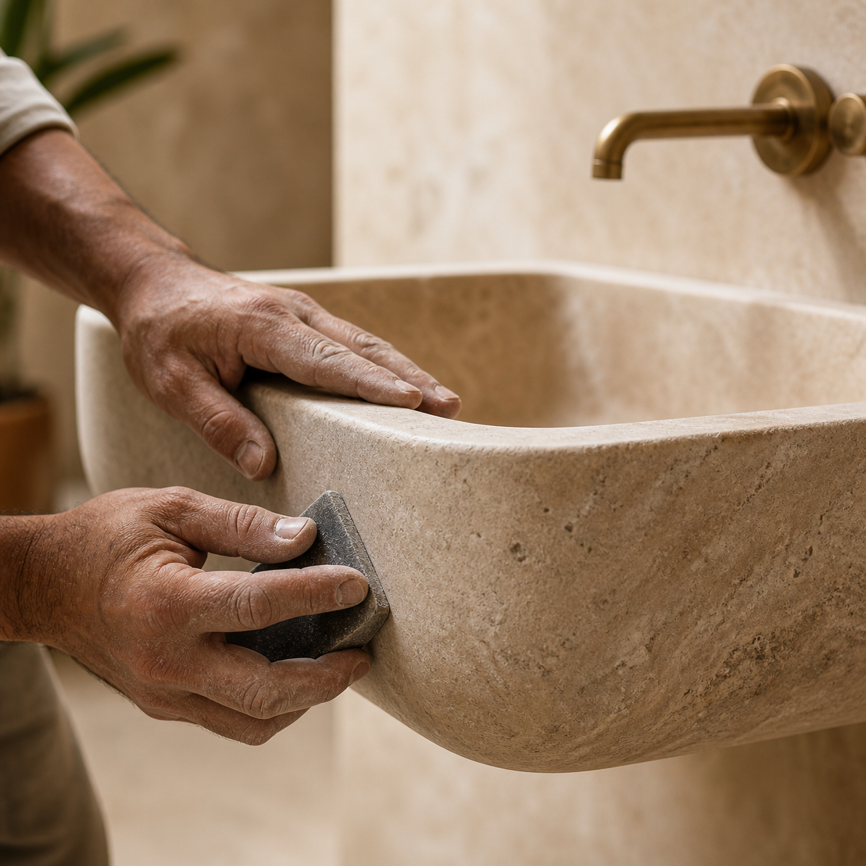 Hand finishing a solid natural stone wall-mounted sink to refine its surface and edge