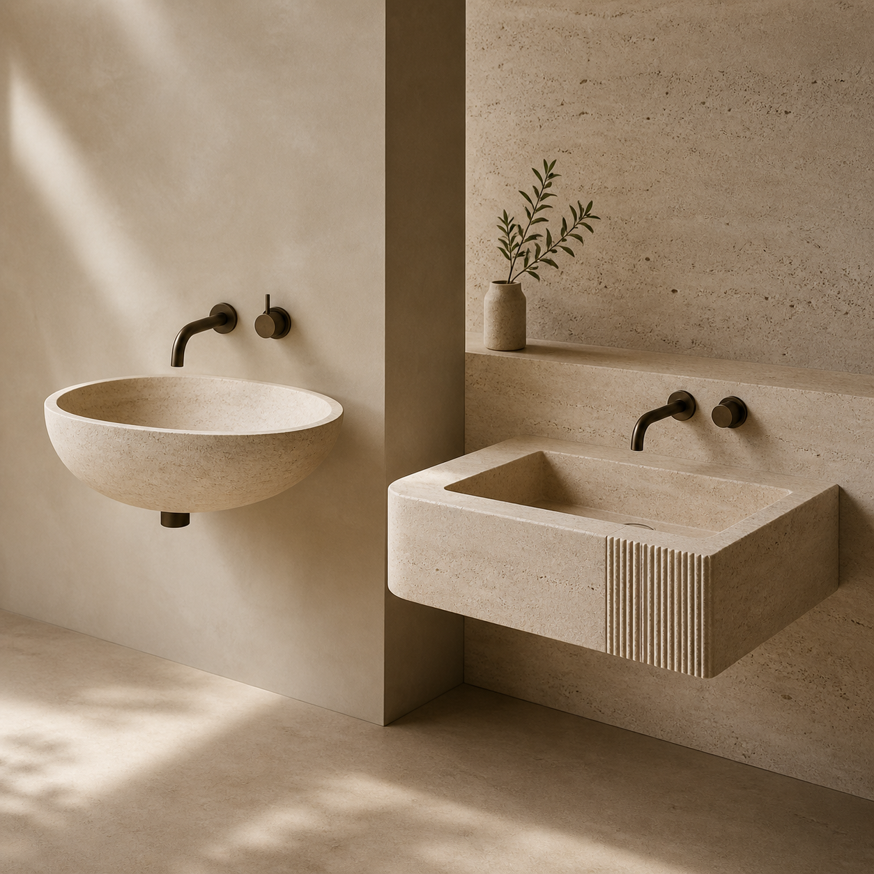 Wall-mounted stone sink options including rounded and rectangular integrated basin forms