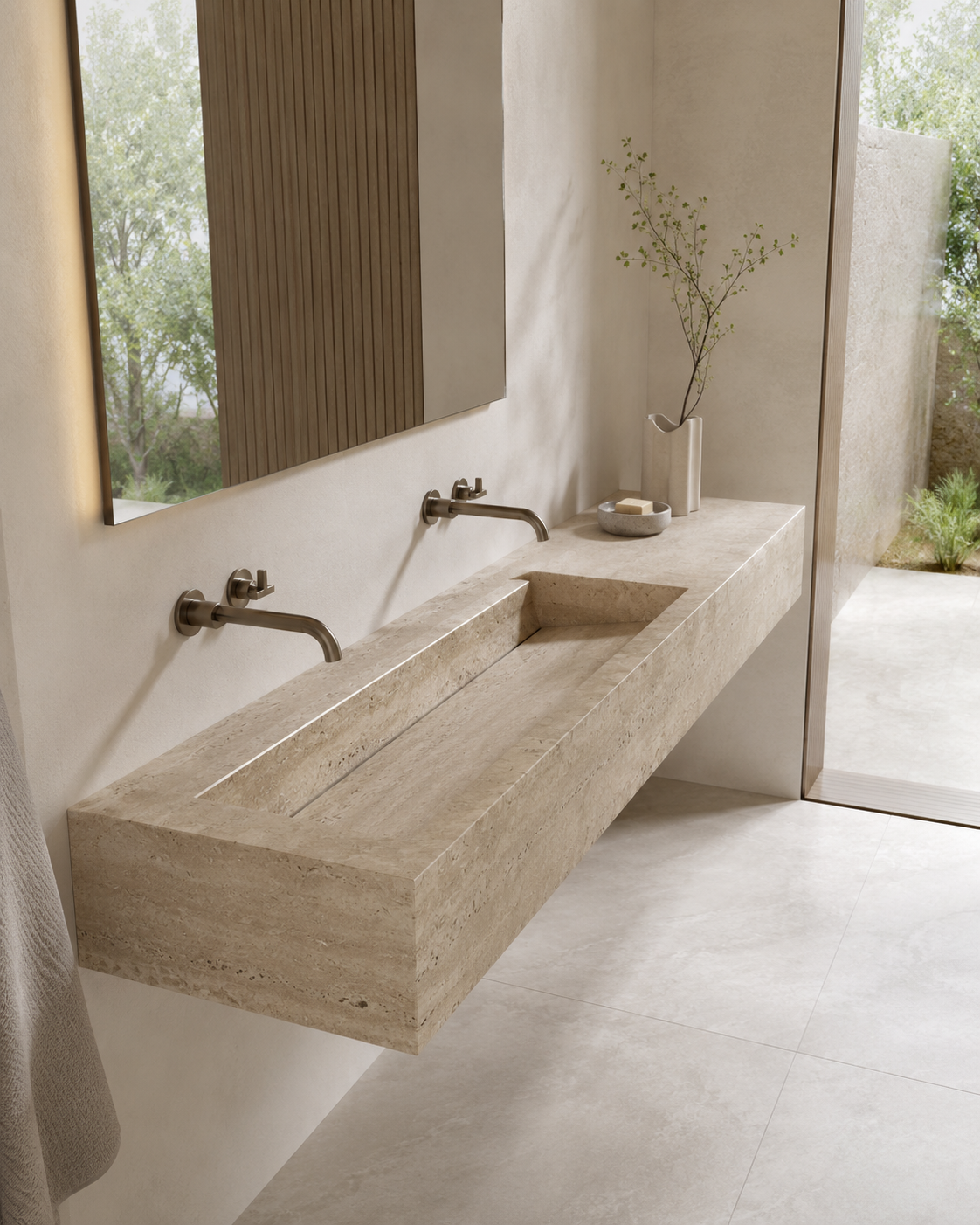OIXDESIGN wall-mounted stone sink in a luxury bathroom with soft natural light