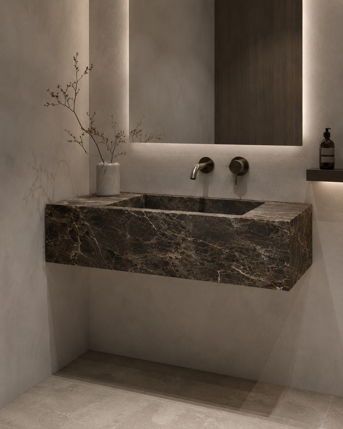 OIXDESIGN wall-mounted stone sink styled in a modern minimalist bathroom interior