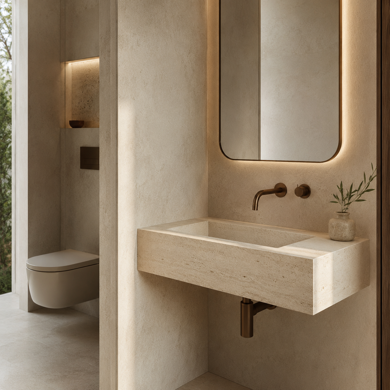 Wall-mounted natural stone sinks for modern villas, boutique hotels, and compact luxury bathrooms by OIXDESIGN.