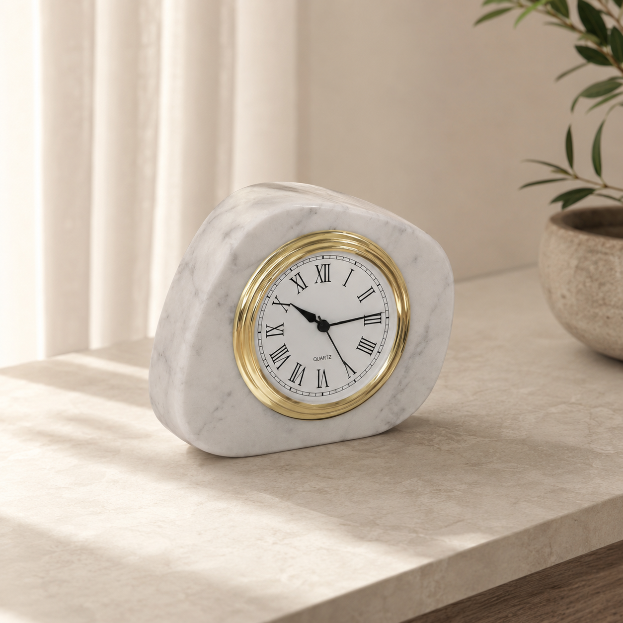 White marble table clock in a minimalist interior with natural stone texture