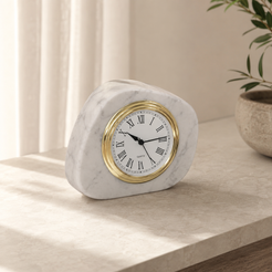 White marble table clock in a minimalist interior with natural stone texture
